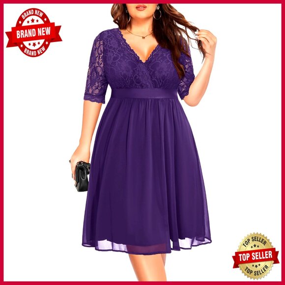 Lace Chiffon Wrap V Neck Midi Dress Elegant Cocktail Wedding Guest Plus Size